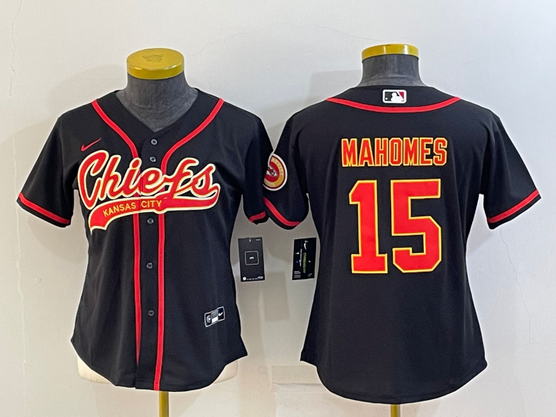 Personalized Women’s Kansas City Chiefs #15 Patrick Mahomes Black With Patch Cool Base Stitched Baseball Jersey(Run Small)