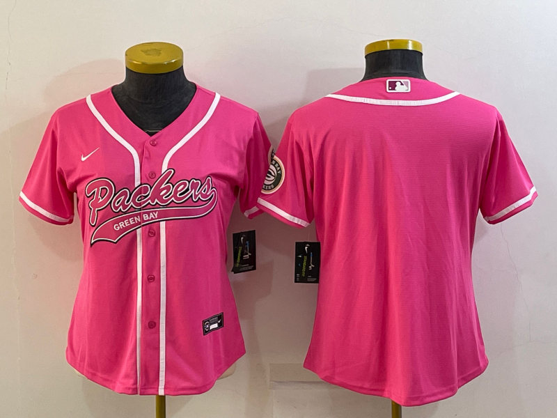 Personalized Women’s Green Bay Packers Blank Pink With Patch Cool Base Stitched Baseball Jersey(Run Small)
