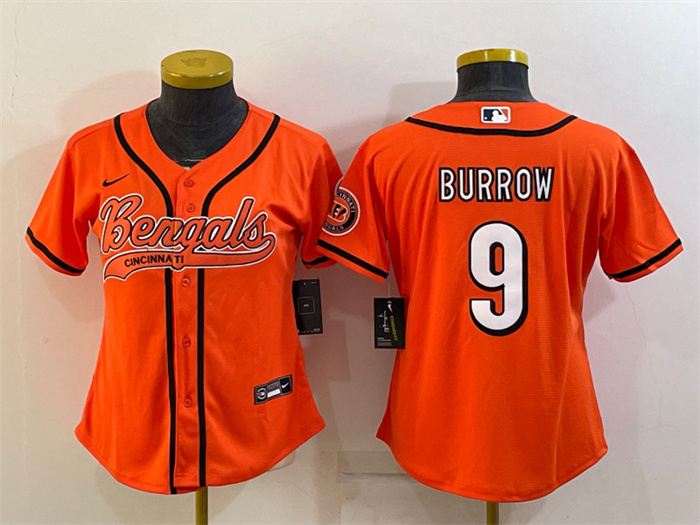 Personalized Women’s Cincinnati Bengals #9 Joe Burrow Orange With Patch Cool Base Stitched Baseball Jersey(Run Small)