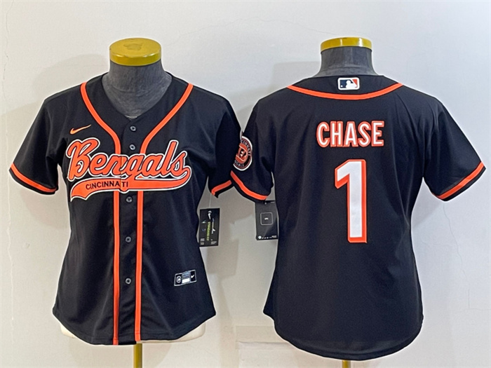 Personalized Women’s Cincinnati Bengals #1 Ja’Marr Chase Black With Patch Cool Base Stitched Baseball Jersey(Run Small)