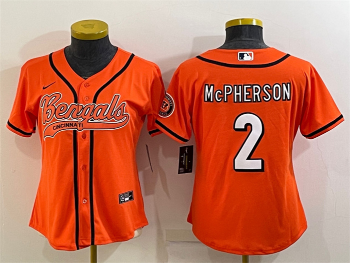 Personalized Women’s Cincinnati Bengals #2 Evan McPherson Orange With Patch Cool Base Stitched Baseball Jersey(Run Small)