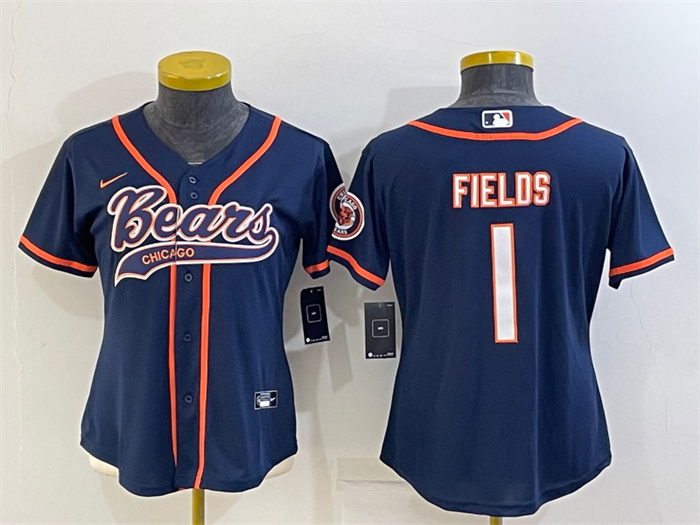 Personalized Women’s Chicago Bears #1 Justin Fields Navy With Patch Cool Base Stitched Baseball Jersey(Run Small)
