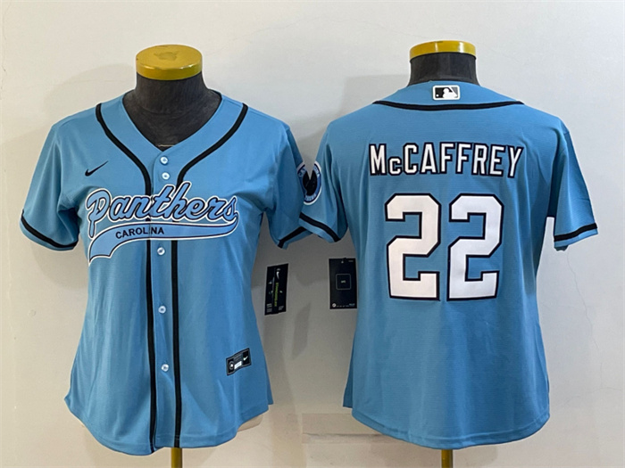 Personalized Women’s Carolina Panthers #22 Christian McCaffrey Blue With Patch Cool Base Stitched Baseball Jersey(Run Small)