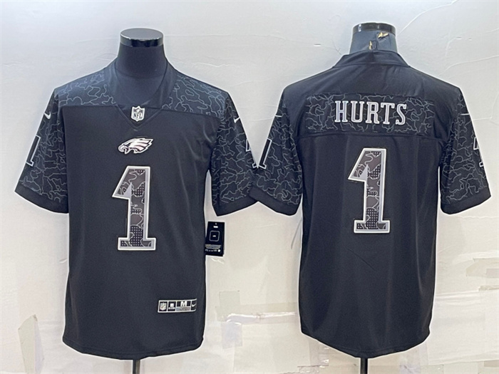 Personalized Men’s Philadelphia Eagles #1 Jalen Hurts Black Reflective Limited Stitched Jersey