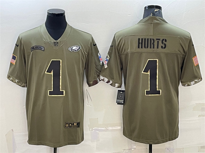 Personalized Men’s Philadelphia Eagles #1 Jalen Hurts Olive 2022 Salute To Service Limited Stitched Jersey