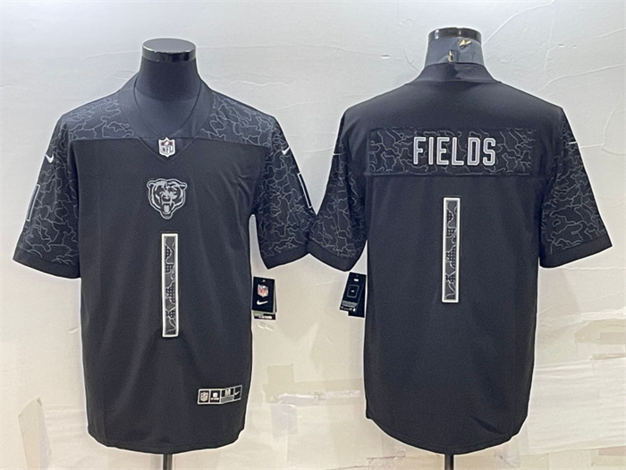 Personalized Men’s Chicago Bears #1 Justin Fields Black Reflective Limited Stitched Football Jersey