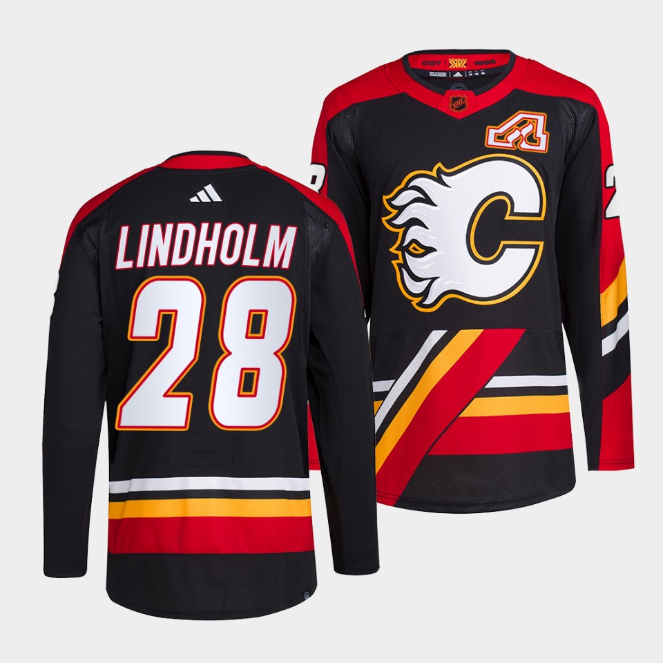 Personalized Men’s Calgary Flames #28 Elias Lindholm Black 2022-23 Reverse Retro Stitched Jersey