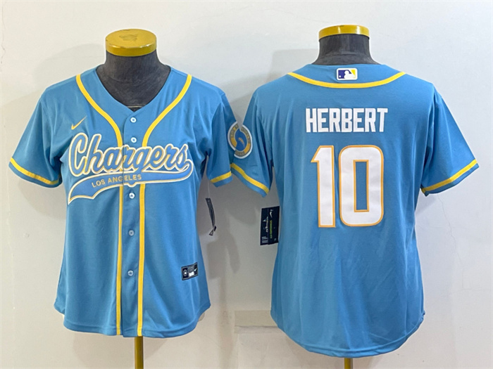 Personalized Women’s Los Angeles Chargers #10 Justin Herbert Blue With Patch Cool Base Stitched Baseball Jersey(Run Small)