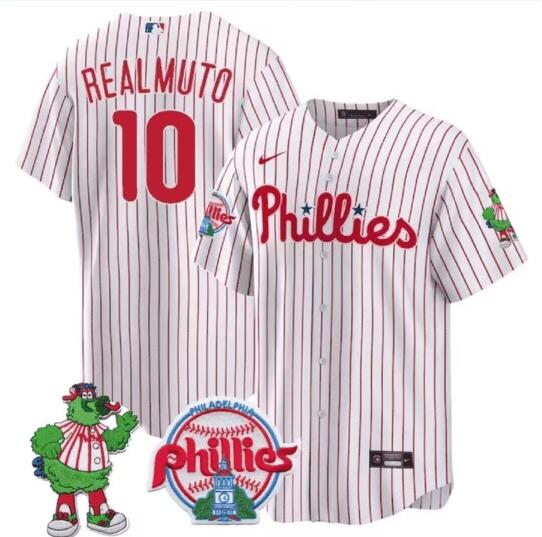 Personalized Men’s Philadelphia Phillies #10 J.T. Realmuto White Limited Jersey Mascot Pin Phanatic Patch