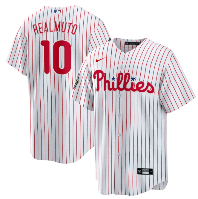 Personalized Men’s Philadelphia Phillies #10 J.T. Realmuto White 2022 World Series Cool Base Stitched Baseball Jersey