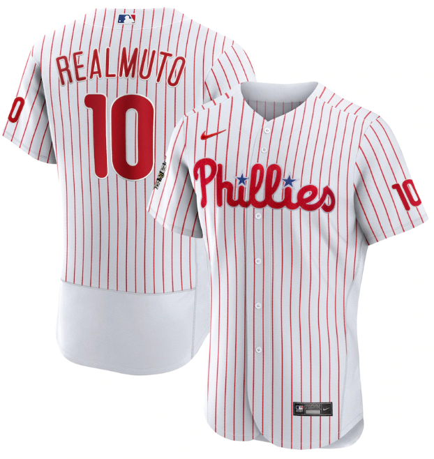 Personalized Men’s Philadelphia Phillies #10 J.T. Realmuto White 2022 World Series Flex Base Stitched Baseball Jersey