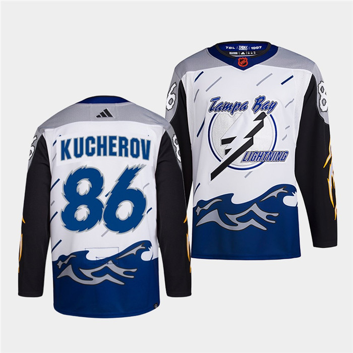 Personalized Men’s Tampa Bay Lightning #86 Nikita Kucherov White 2022 Reverse Retro Stitched Jersey