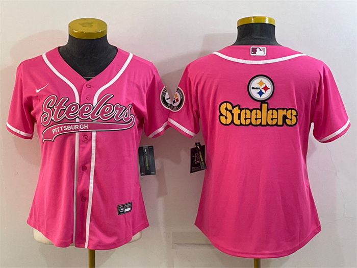 Personalized Women’s Pittsburgh Steelers Pink Team Big Logo With Patch Cool Base Stitched Baseball Jersey(Run Small)