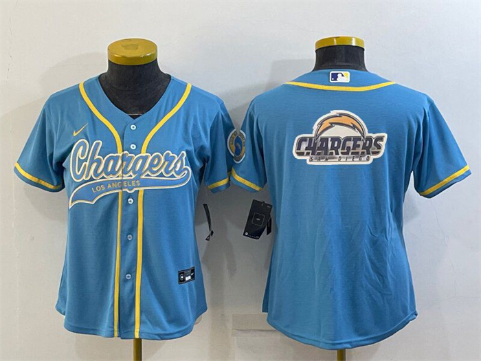 Personalized Women’s Los Angeles Chargers Blue Team Big Logo With Patch Cool Base Stitched Baseball Jersey(Run Small)