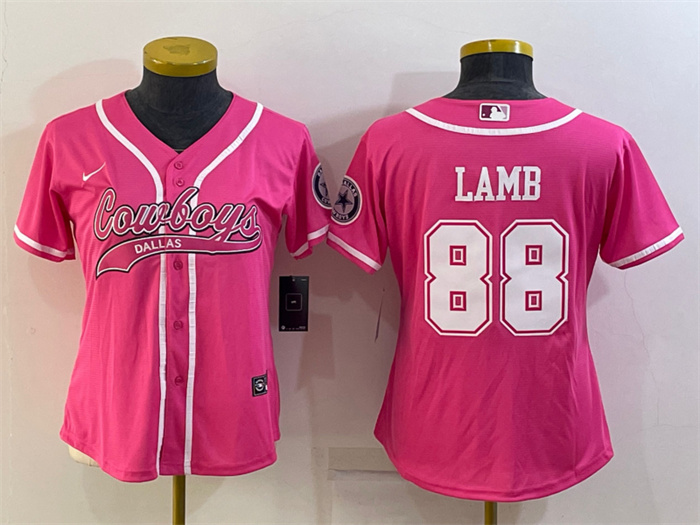 Personalized Women’s Dallas Cowboys #88 CeeDee Lamb Pink With Patch Cool Base Stitched Baseball Jersey(Run Small)