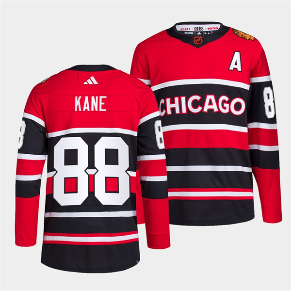 Personalized Men’s Chicago Blackhawks #88 Patrick Kane Red Black 2022 Reverse Retro Stitched Jersey