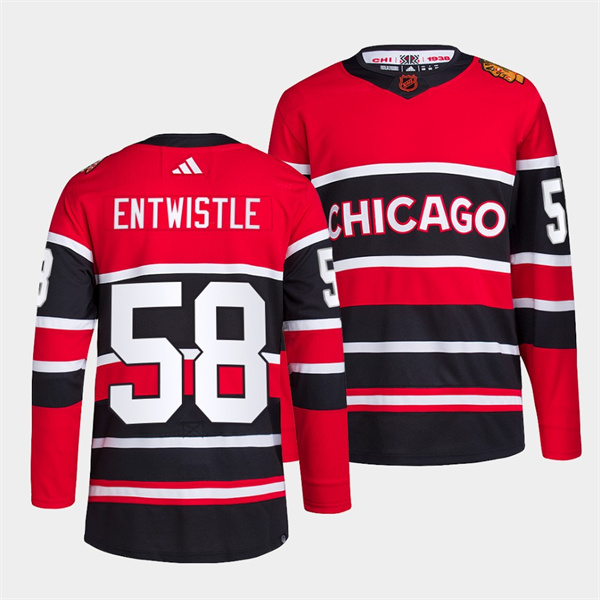 Personalized Men’s Chicago Blackhawks #58 MacKenzie Entwistle Red Black 2022 Reverse Retro Stitched Jersey
