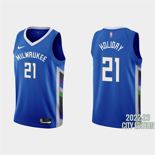 Personalized Men’s Milwaukee Bucks #21 Jrue Holiday 2022-23 Blue City Edition Stitched Basketball Jersey