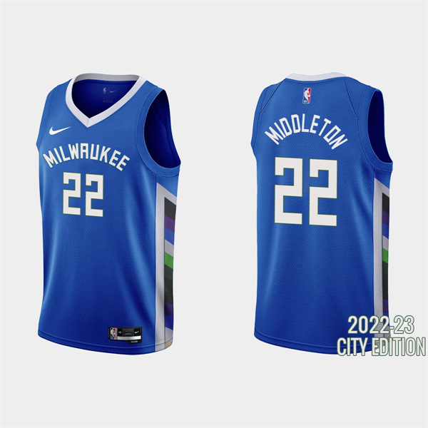 Personalized Men’s Milwaukee Bucks #22 Khris Middleton 2022-23 Blue City Edition Stitched Basketball Jersey