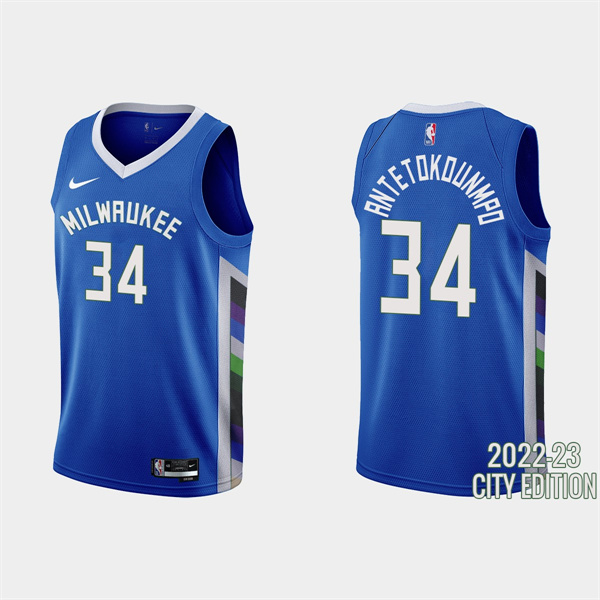 Personalized Men’s Milwaukee Bucks #34 Giannis Antetokounmpo 2022-23 Blue City Edition Stitched Basketball Jersey