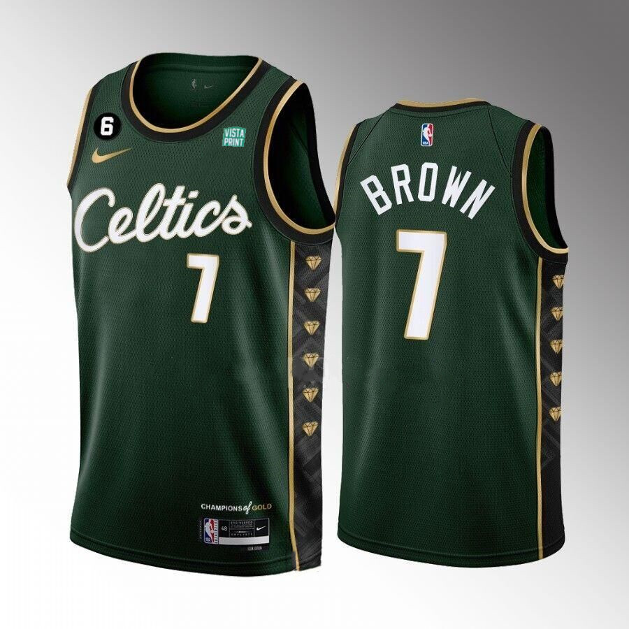 Personalized Men’s Boston Celtics #7 Jaylen Brown Green 2022-23 City Edition No.6 Patch Stitched Basketball Jersey