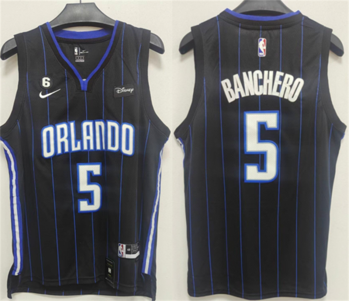 Personalized Men’s Orlando Magic #5 Paolo Banchero Black With No.6 Patch Icon Edition Stitched Swingman Jersey