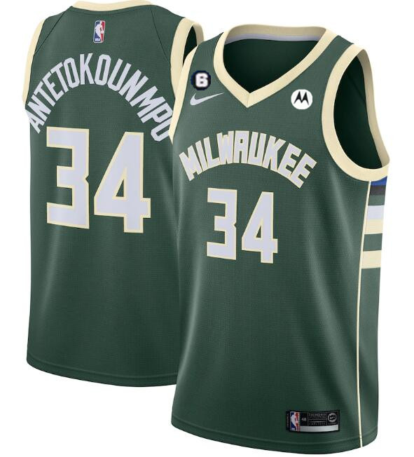 Personalized Men’s Milwaukee Bucks #34 Giannis Antetokounmpo White With No.6 Patch Stitched Basketball Jersey