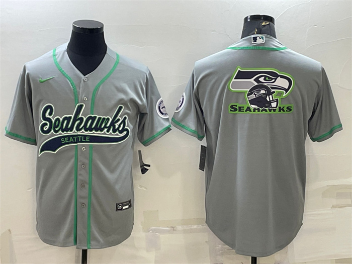Personalized Men’s Seattle Seahawks Grey Team Big Logo With Patch Cool Base Stitched Baseball Jersey