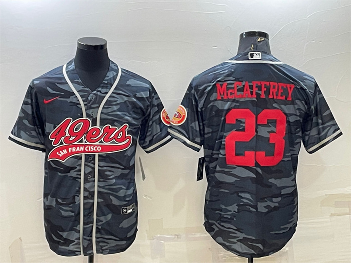Personalized Men’s San Francisco 49ers #23 Christian McCaffrey Grey Red Camo With Patch Cool Base Stitched Baseball Jersey