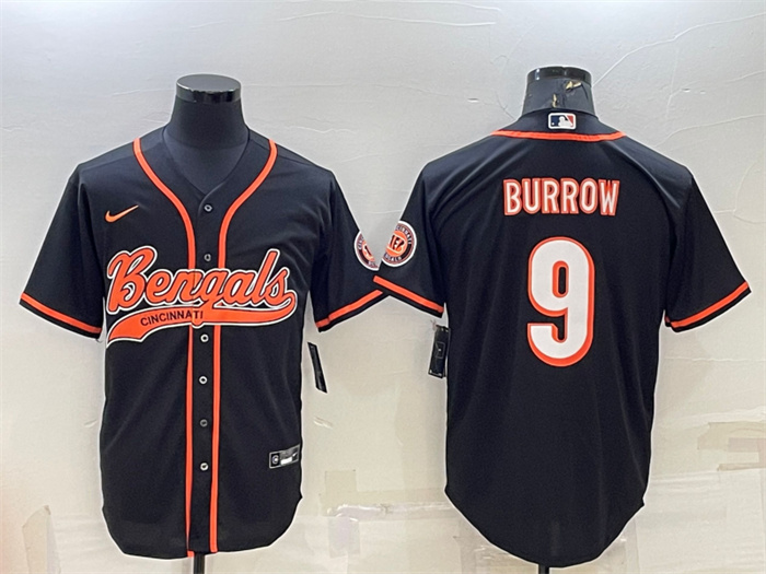 Personalized Men’s Cincinnati Bengals #9 Joe Burrow Black With Patch Cool Base Stitched Baseball Jersey