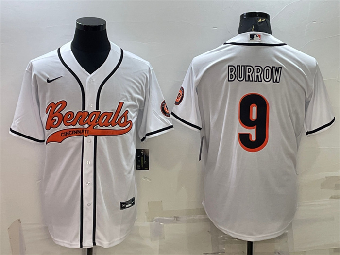 Personalized Men’s Cincinnati Bengals #9 Joe Burrow White With Patch Cool Base Stitched Baseball Jersey