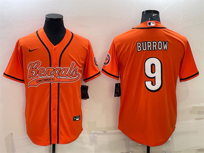 Personalized Men’s Cincinnati Bengals #9 Joe Burrow Orange With Patch Cool Base Stitched Baseball Jersey