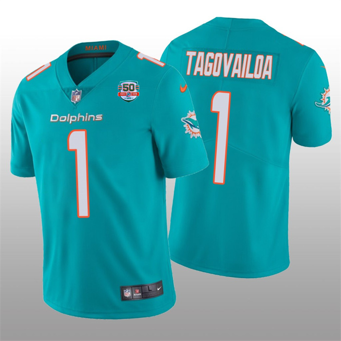 Personalized Men’s Miami Dolphins #1 Tua Tagovailoa 2022 Aqua With 50th Perfect Season Patch Limited Stitched Jersey