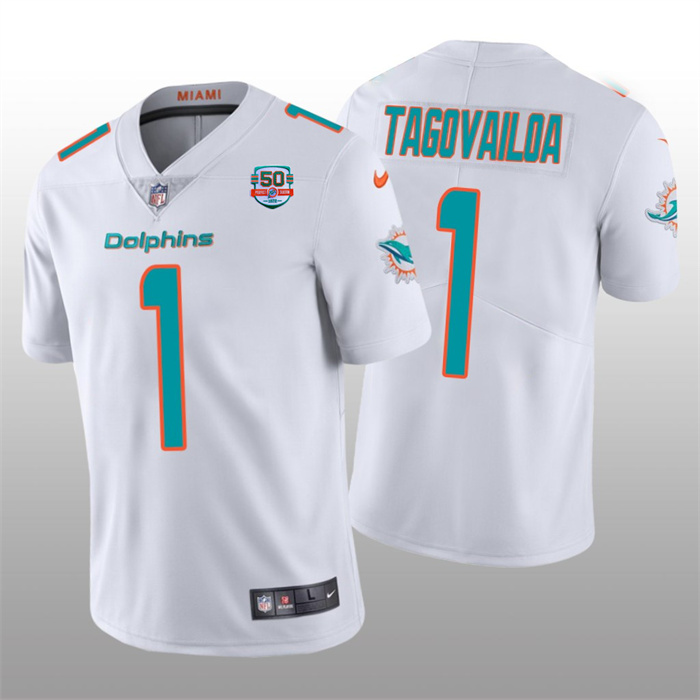 Personalized Men’s Miami Dolphins #1 Tua Tagovailoa 2022 White With With 50th Perfect Season Patch Limited Stitched Jersey