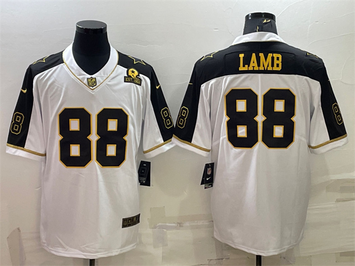 Personalized Men’s Dallas Cowboys #88 CeeDee Lamb White Gold Edition With 1960 Patch Limited Stitched Football Jersey
