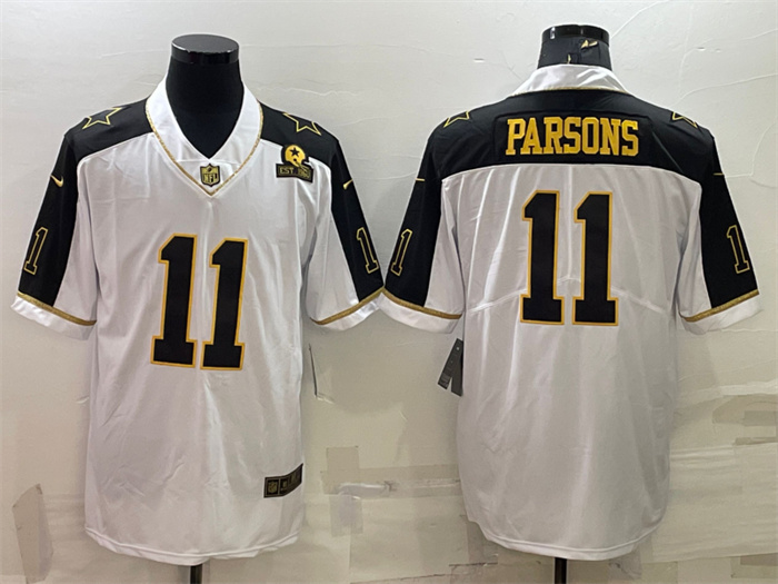 Personalized Men’s Dallas Cowboys #11 Micah Parsons White Gold Edition With 1960 Patch Limited Stitched Football Jersey