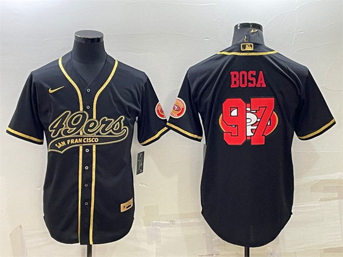 Personalized Men’s San Francisco 49ers #97 Nick Bosa Black Gold Team Big Logo With Patch Cool Base Stitched Baseball Jersey