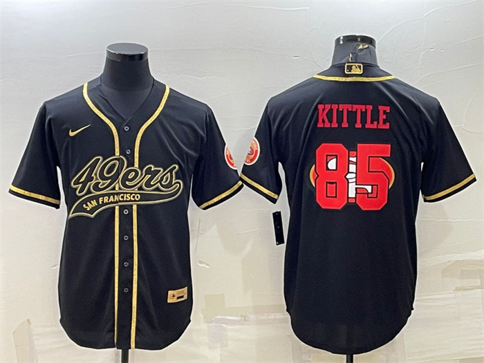 Personalized Men’s San Francisco 49ers #85 George Kittle Black Gold Team Big Logo With Patch Cool Base Stitched Baseball Jersey