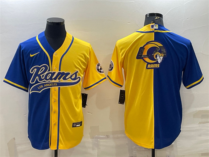Personalized Men’s Los Angeles Rams Royal Yellow Split Team Big Logo With Patch Cool Base Stitched Baseball Jersey