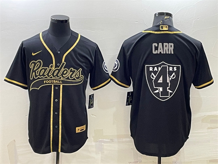 Personalized Men’s Las Vegas Raiders #4 Derek Carr Black Gold Team Big Logo With Patch Cool Base Stitched Baseball Jersey