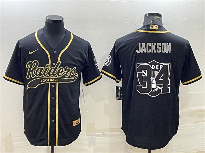 Personalized Men’s Las Vegas Raiders #34 Bo Jackson Black Gold Team Big Logo With Patch Cool Base Stitched Baseball Jersey