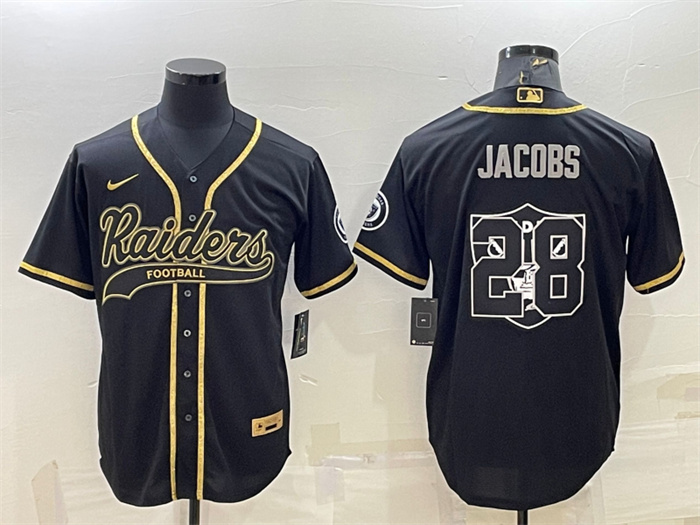 Personalized Men’s Las Vegas Raiders #28 Josh Jacobs Black Gold Team Big Logo With Patch Cool Base Stitched Baseball Jersey
