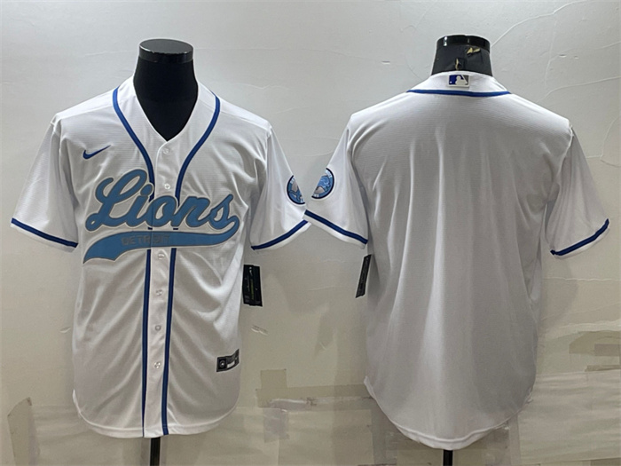 Personalized Men’s Detroit Lions Blank White With Patch Cool Base Stitched Baseball Jersey