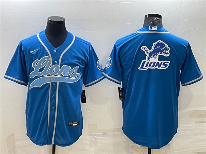 Personalized Men’s Detroit Lions Blue Team Big Logo With Patch Cool Base Stitched Baseball Jersey