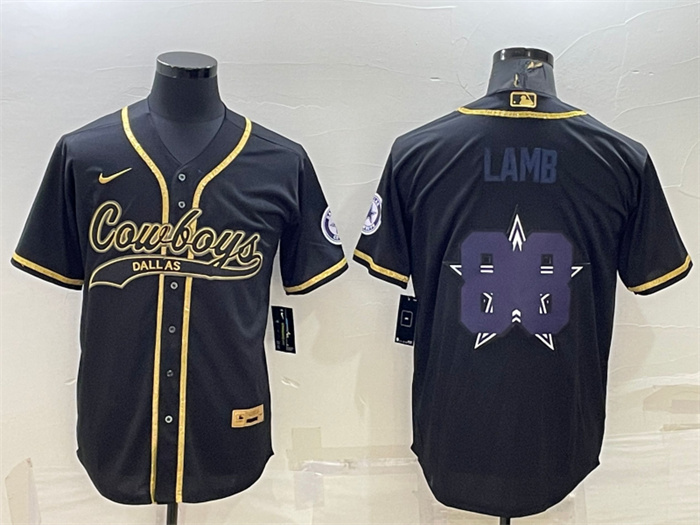 Personalized Men’s Dallas Cowboys #88 CeeDee Lamb Black Gold Team Big Logo With Patch Cool Base Stitched Baseball Jersey