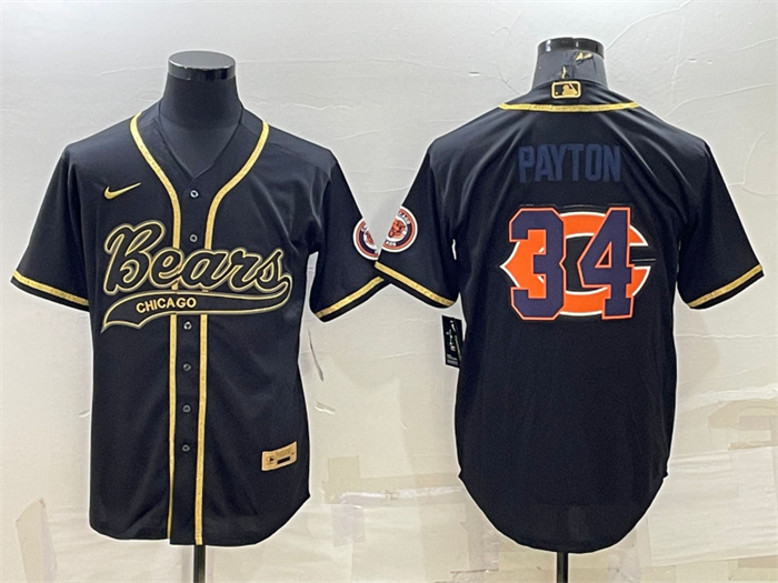 Personalized Men’s Chicago Bears #34 Walter Payton Black Gold Team Big Logo With Patch Cool Base Stitched Baseball Jersey