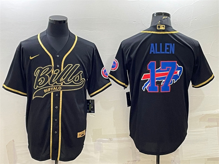 Personalized Men’s Buffalo Bills #17 Josh Allen Black Gold Team Big Logo With Patch Cool Base Stitched Baseball Jersey
