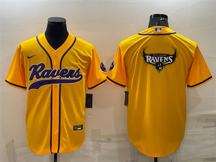 Personalized Men’s Baltimore Ravens Yellow Team Big Logo With Patch Cool Base Stitched Baseball Jersey