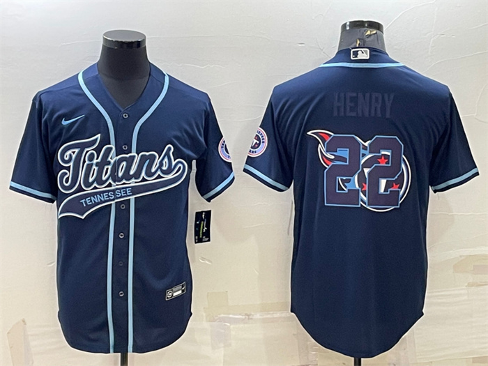 Personalized Men’s Tennessee Titans #22 Derrick Henry Navy Team Big Logo With Patch Cool Base Stitched Baseball Jersey