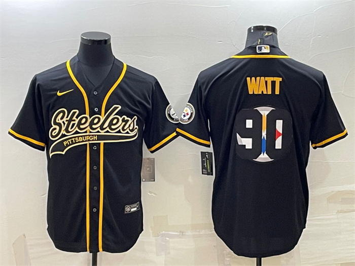 Personalized Men’s Pittsburgh Steelers #90 T. J. Watt Black Team Big Logo With Patch Cool Base Stitched Baseball Jersey